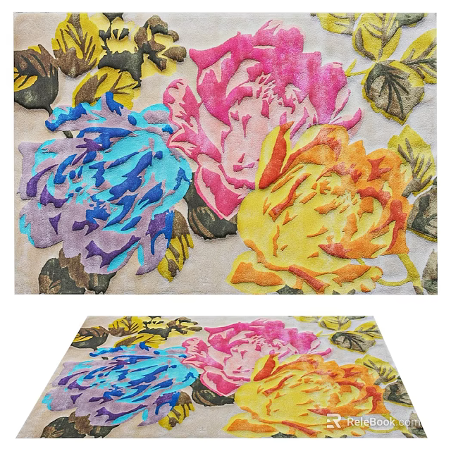Square Area Rug With Bright Colorful Floral Patterns And Leaves 3d model 