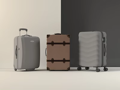 Three Unique Luggage Suitcases Featuring Gray Brown Retro Straps And Wavy Textured Patterns 3d model
