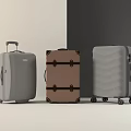 Three Unique Luggage Suitcases Featuring Gray Brown Retro Straps And Wavy Textured Patterns