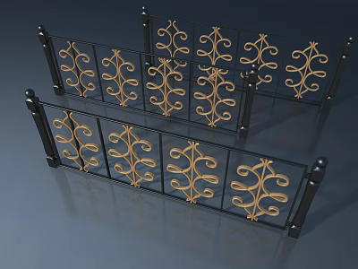 Elegant Wrought Iron Swing Door With Golden Decorative Patterns And Black Frame 3d model