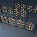 Elegant Wrought Iron Swing Door With Golden Decorative Patterns And Black Frame