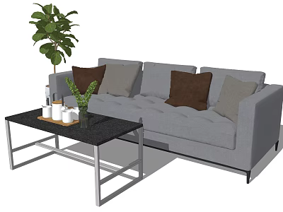 Gray Multi Seat Sofa With Mixed Color Cushions And Black Coffee Table In Living Room 3d model