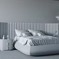 Double Bed With Striped Headboard Gray Bedding Gray Marble Wall Wooden Floor And Green Plant