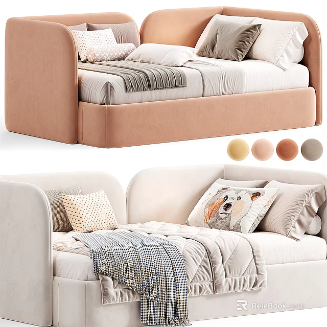 Modern Kids Bed In Pink And White With Soft Pillows Cozy Blankets And Color Options 3d model 