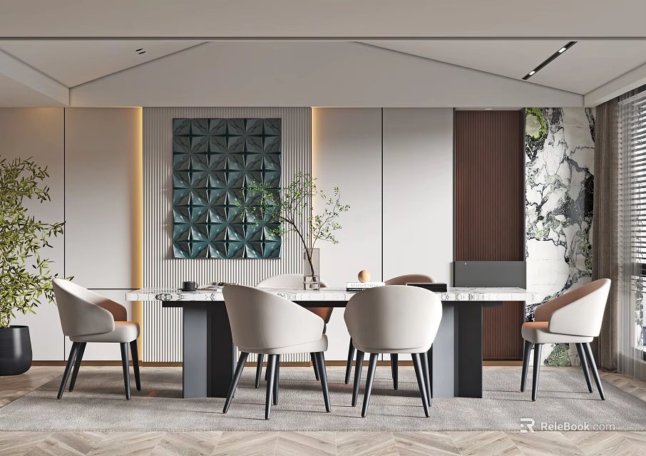 Modern Luxury Restaurant Interior Featuring Long Table Four Chairs Green Plants Wall Decor Marble Elements 3d model