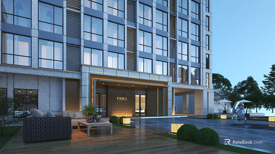 Modern Residential Building Exterior With Glass Windows Entrance And Outdoor Seating Area 3d model 