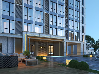 Modern Residential Building Exterior With Glass Windows Entrance And Outdoor Seating Area 3d model