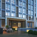 Modern Residential Building Exterior With Glass Windows Entrance And Outdoor Seating Area