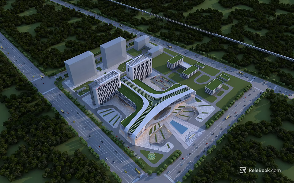 Modern Hospital Building Featuring Green Roof Surrounded by Trees and Plaza 3d model 