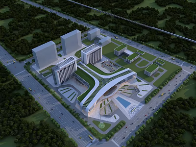 Modern Hospital Building Featuring Green Roof Surrounded by Trees and Plaza 3d model