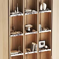 Modern Wooden Storage Shelf With Layered Design Built In Lighting And Decorative Items