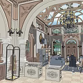 Elegant Hotel Public Lounge Area With Chandelier Large Windows And Comfortable Seating