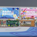Vibrant Commercial Street Featuring Colorful Billboards Outdoor Seating Evening Lighting and Shopfronts