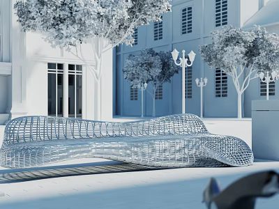 Modern Wavy Wire Mesh Landscape Bench In Urban Area With Trees And Street Lamps 3d model