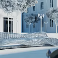 Modern Wavy Wire Mesh Landscape Bench In Urban Area With Trees And Street Lamps