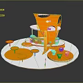 Orange Decorative Display Scene On White Platform With Multi Tiered Structure Round Tables And Cups 3d model