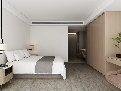 Modern Hotel Room Interior With Bed Nightstand Lamp Wardrobe And Wooden Floor 3d model