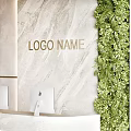 Modern Marble Reception Desk With Logo Display Green Living Wall Computer Monitors And Hanging Lights