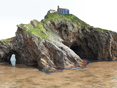 Garden Landscape Featuring Rocky Hill With Small House Green Vegetation And Waterfront Cave 3d model