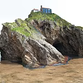 Garden Landscape Featuring Rocky Hill With Small House Green Vegetation And Waterfront Cave