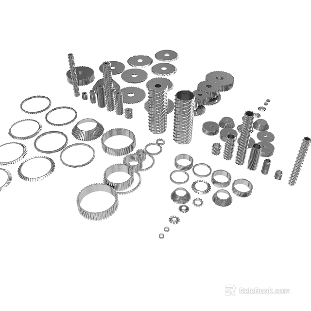 Various Mechanical Equipment Components Including Gears Washers Bolts Nuts And Spacers 3d model 