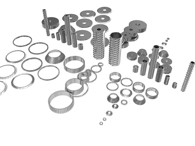 Various Mechanical Equipment Components Including Gears Washers Bolts Nuts And Spacers 3d model