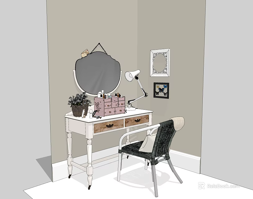 Vintage Dressing Table with Round Mirror Table Lamp and Chair in Corner 3d model