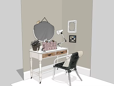 Vintage Dressing Table with Round Mirror Table Lamp and Chair in Corner 3d model