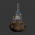 Wooden Boat Model With Blue Umbrella Deck Cabin And Flag Structure