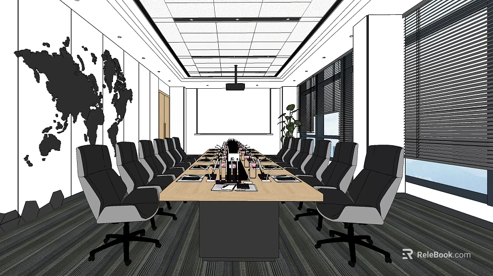 Conference Room With Long Wooden Table Black Gray Office Chairs World Map And Projection Screen 3d model 
