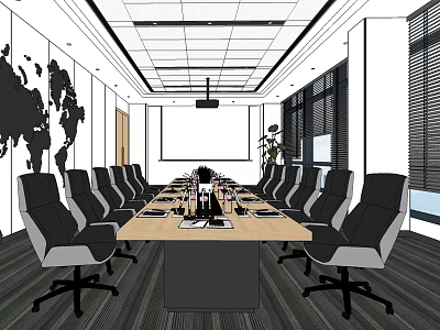 Conference Room With Long Wooden Table Black Gray Office Chairs World Map And Projection Screen 3d model
