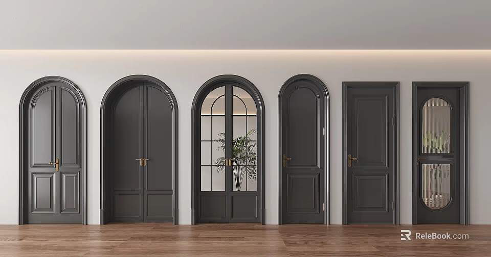 Gray Flush Doors With Arch Design Glass Panel And Gold Handles Interior Home Decor 3d model 