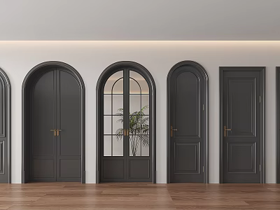 Gray Flush Doors With Arch Design Glass Panel And Gold Handles Interior Home Decor 3d model