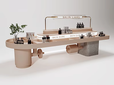 Modern Display Shelf Showcasing Skin Care And Brain Care Products With Small Plant And Lighting 3d model