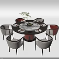 Round Dining Table Set With Six Gray And Pink Chairs Marble Tabletop Decorative Plant