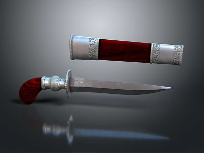 Traditional Decorative Dagger With Red Handle Silver Blade And Ornate Metallic Sheath 3d model
