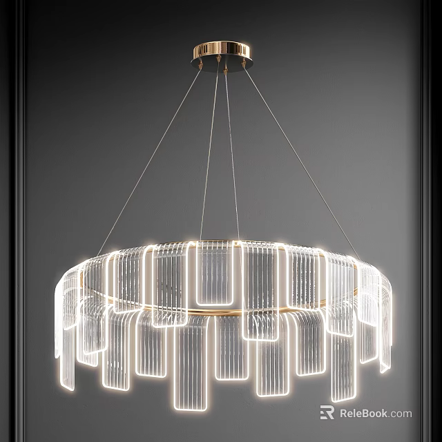 Elegant Modern Round Chandelier With Transparent Acrylic Strips And LED Lighting 3d model 