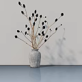 Gray Ceramic Vase With Dried Branches And Black Berries On Smooth Surface Light Background Wall 3d model
