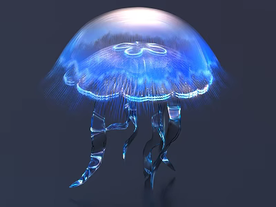 Blue Bioluminescent Jellyfish With Transparent Umbrella Shaped Body And Flowing Tentacles 3d model