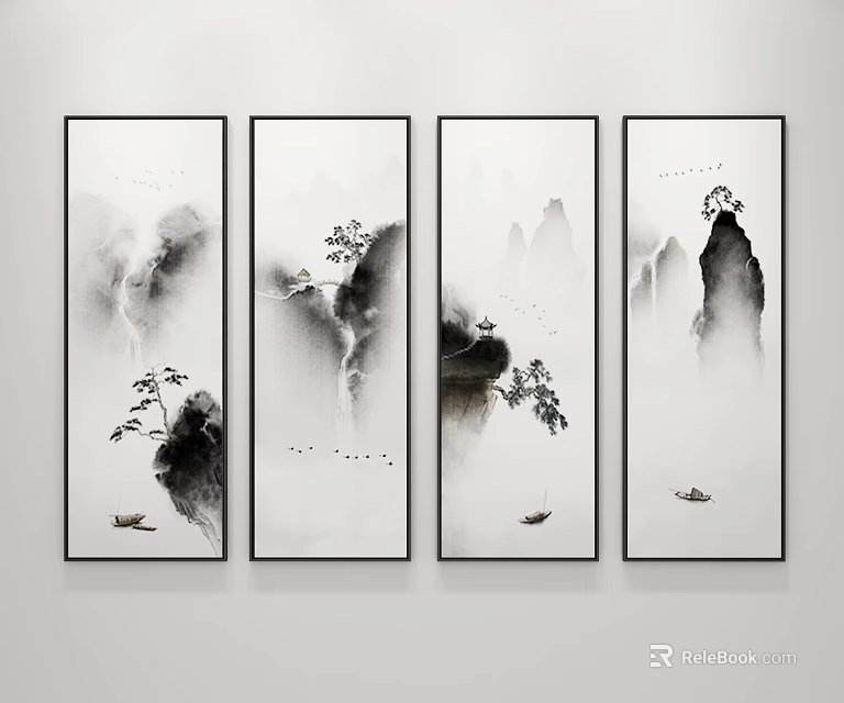 Four Panel Chinese Ink Paintings With Mountain Landscape Trees And Boats Wall Decor 3d model 