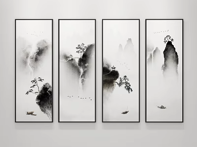 Four Panel Chinese Ink Paintings With Mountain Landscape Trees And Boats Wall Decor 3d model