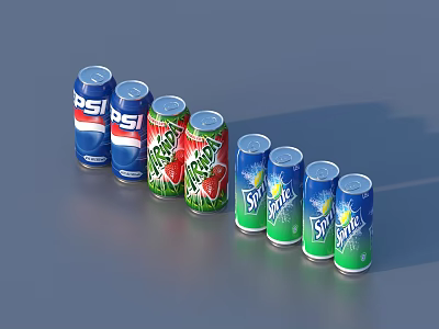 Pepsi and Sprite Carbonated Beverage Cans Displayed in Rows with Blue and Green Colors 3d model