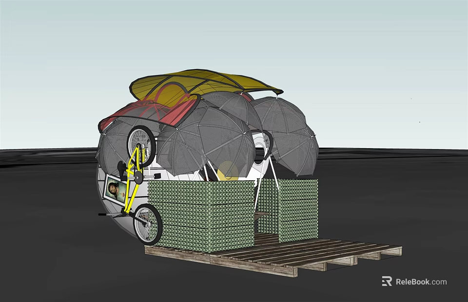 Device Structure With Yellow Red Canopy Green Mesh Crates On Wooden Pallet And Wheels 3d model 