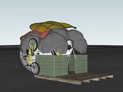 Device Structure With Yellow Red Canopy Green Mesh Crates On Wooden Pallet And Wheels 3d model
