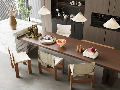 Modern Restaurant Interior With Long Wooden Table Marble Countertop Hanging Lamps And Upholstered Chairs 3d model