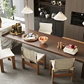 Modern Restaurant Interior With Long Wooden Table Marble Countertop Hanging Lamps And Upholstered Chairs