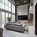 Modern Duplex Living Room Interior With High Ceiling Large Windows And Gray Sofa 3d model