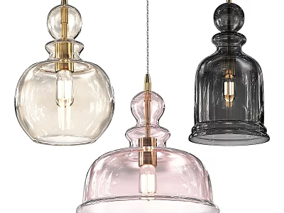 Pendant Lights With Transparent Black Pink Glass Shades And Brass Pendants 3d model