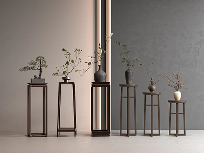 Multiple Wooden Plant Stands of Various Heights With Potted Plants for Indoor Decoration 3d model