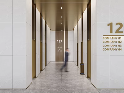 Modern Office Elevator Hallway on 12F with White Walls Gold Ceiling and Company Signs 3d model